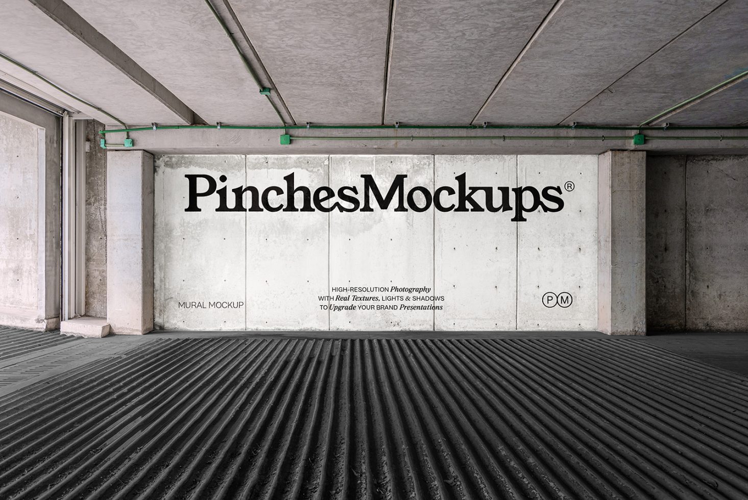 Urban mural mockup displayed on a textured concrete wall inside a parking garage, ideal for brand presentation and graphic design.